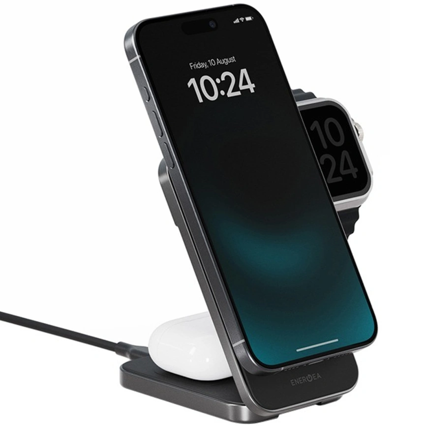 Беспроводное зарядное устройство EnergEA MagTrio Plus 3-in-1 Qi2 MagSafe Space Grey фото 6